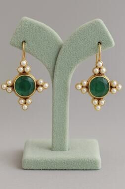 Museum Earrings Green Pearl Gold Cameo Flower Geometric Court VTG Boho Retro Art